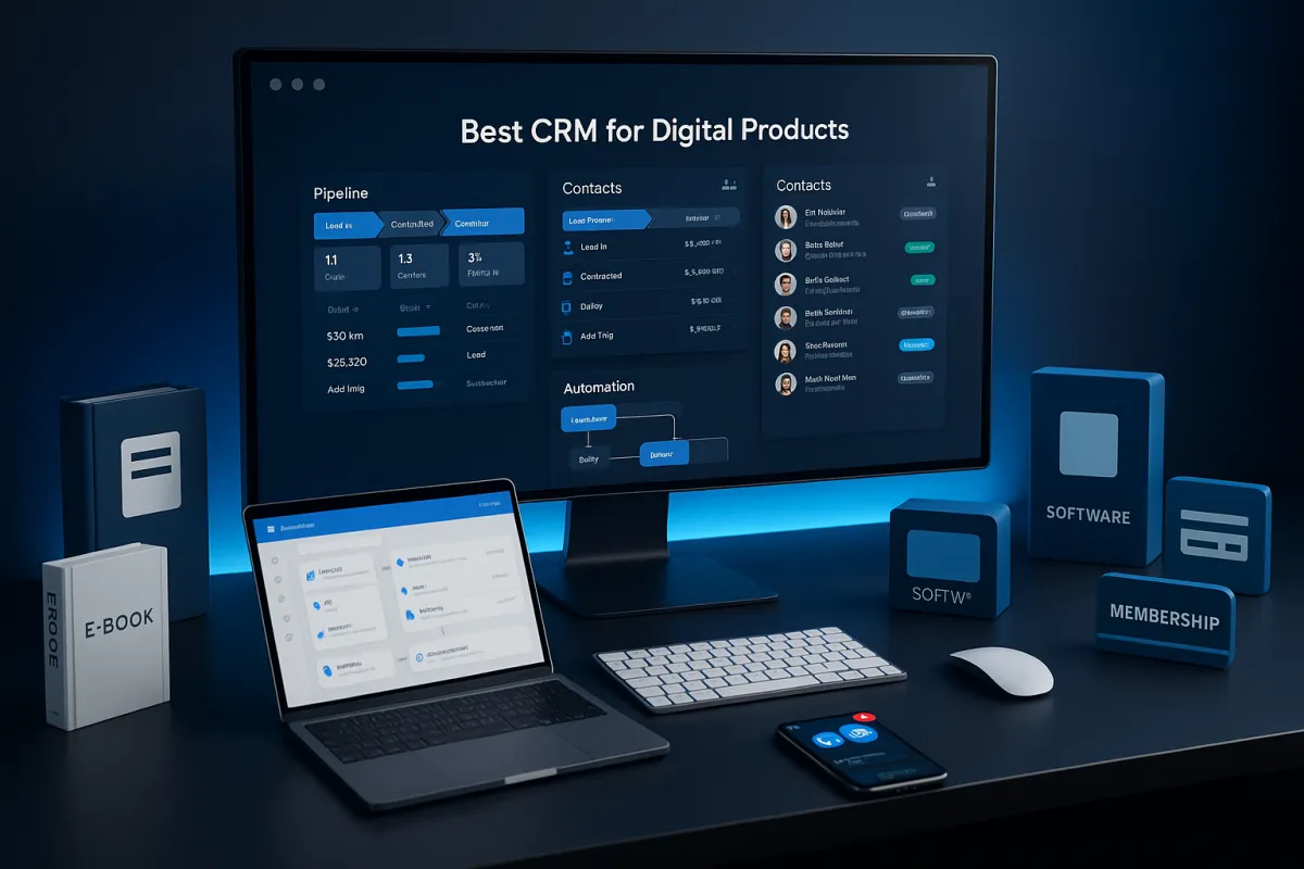 Bestes CRM für digitale Produkte 2026 – Moderner Arbeitsplatz mit CRM-Dashboard in Navy und Sky Blue