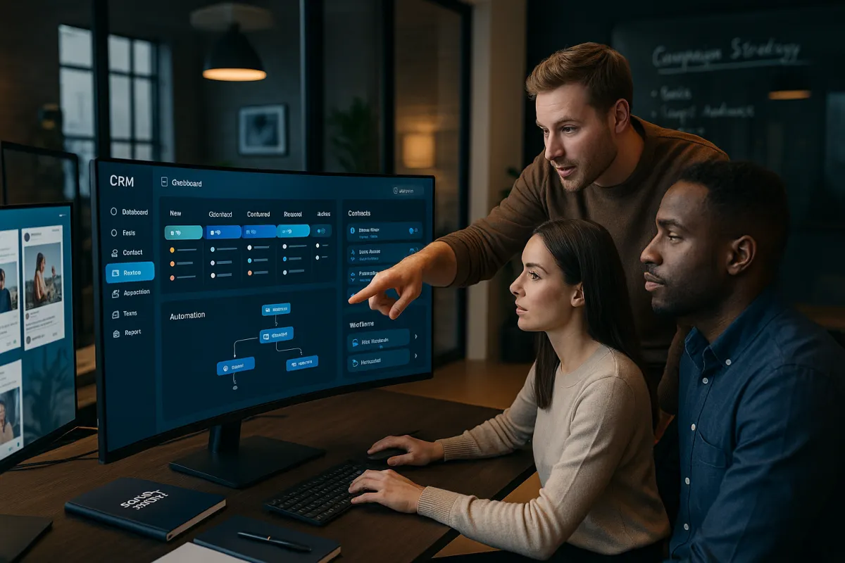Bestes CRM für Social Media Agenturen 2026 – Agentur-Team am modernen CRM-Dashboard in Navy und Sky Blue