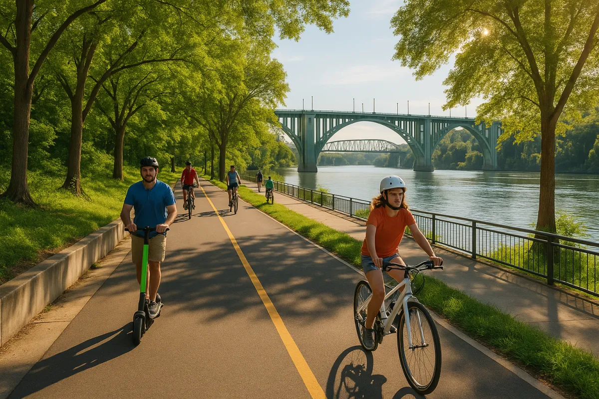 Cyclists and scooter riders on a wide paved greenway trail alongside the Tennessee River in Knoxville with the Gay Street Bridge in the background