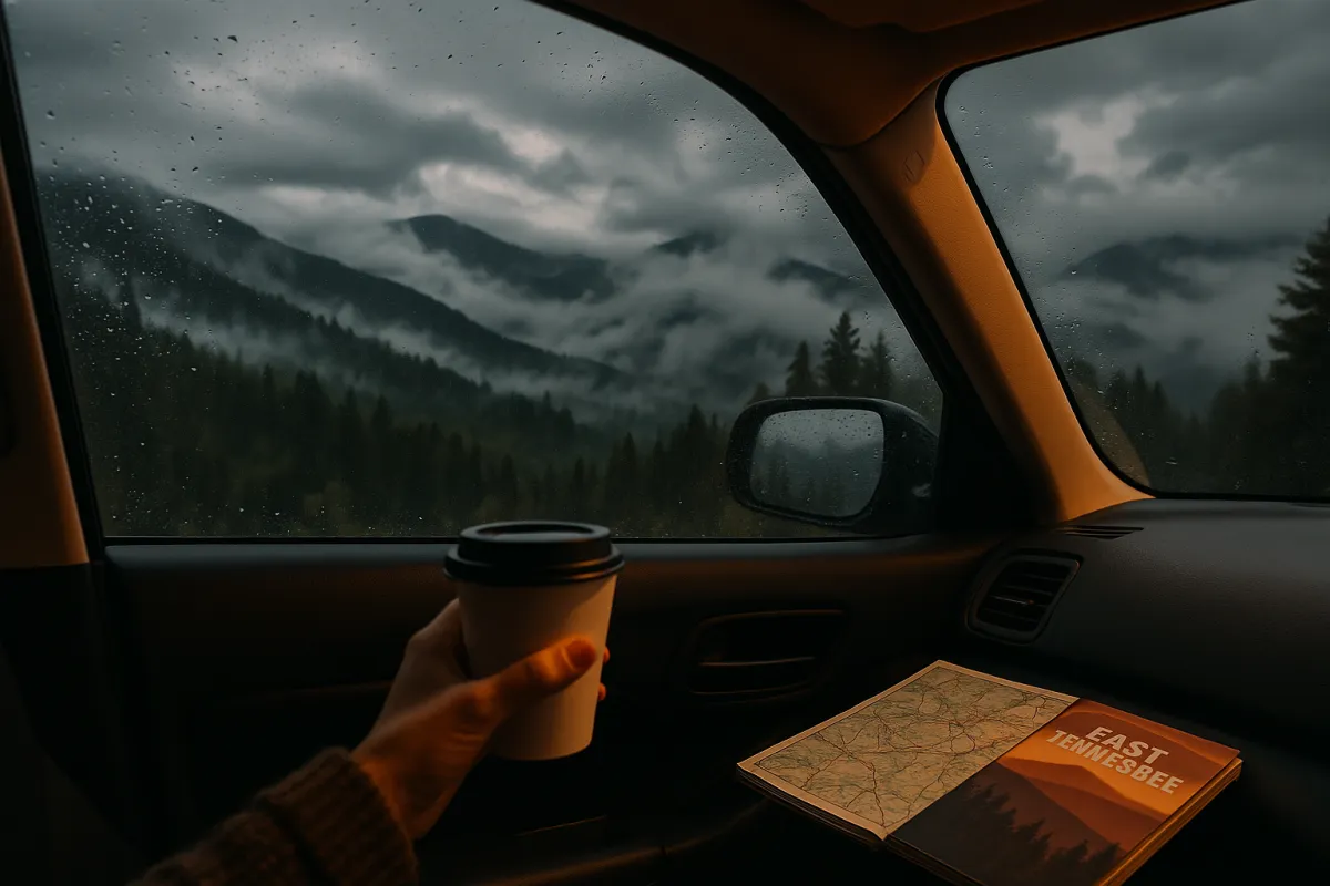 Rainy day road trip view from inside a car of misty Smoky Mountains and foggy forested hills in East Tennessee
