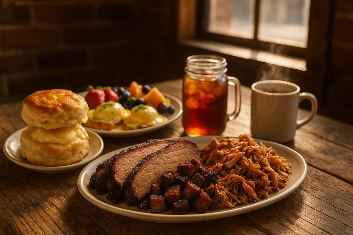 Southern food spread featuring smoked barbecue brisket, a golden flaky buttermilk biscuit with honey butter, and a brunch plate with sweet tea and coffee