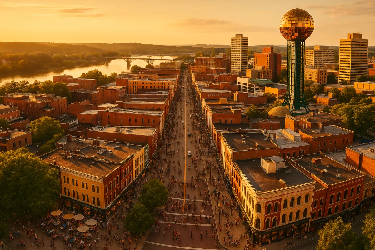 Bird's eye aerial view of downtown Knoxville Tennessee at golden hour showing Gay Street, Market Square, the Sunsphere, and the Tennessee River