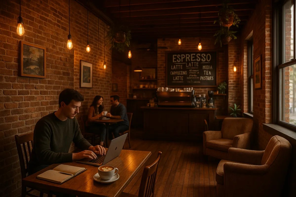 Warm and inviting independent coffee shop interior in Knoxville with exposed brick walls, a person working on a laptop, and a couple on a first date sharing coffee in the background