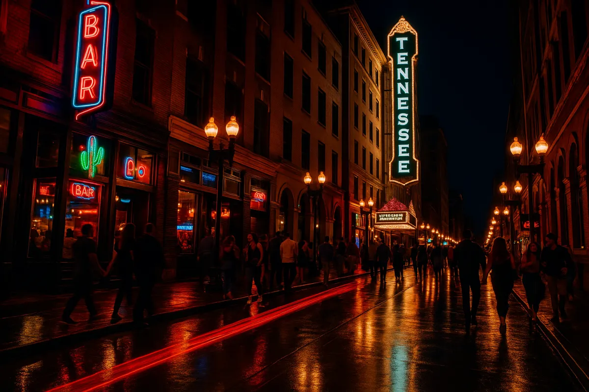 Vibrant late-night street scene on Gay Street in downtown Knoxville with neon bar signs glowing, the Tennessee Theatre marquee lit up, and people out for the evening