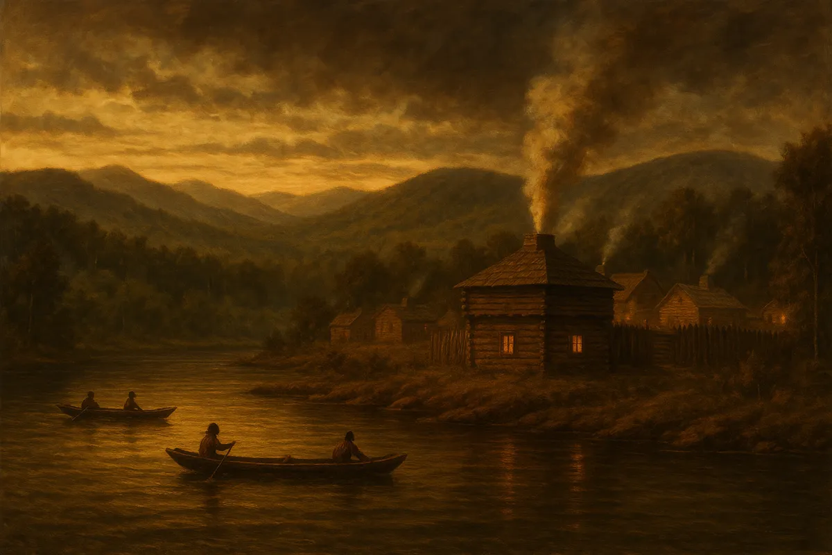 Dramatic historical illustration of early Knoxville circa 1791 -- James White's log fort on the north bank of the Tennessee River at dusk with the Appalachian wilderness stretching to the horizon