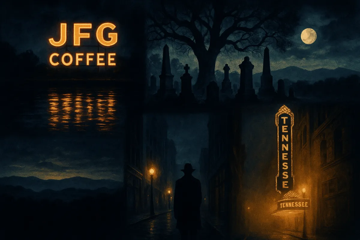 Atmospheric moody collage of Knoxville local legends -- the JFG Coffee neon sign reflected in the dark Tennessee River, Old Gray Cemetery in moonlight, and Gay Street glowing at midnight