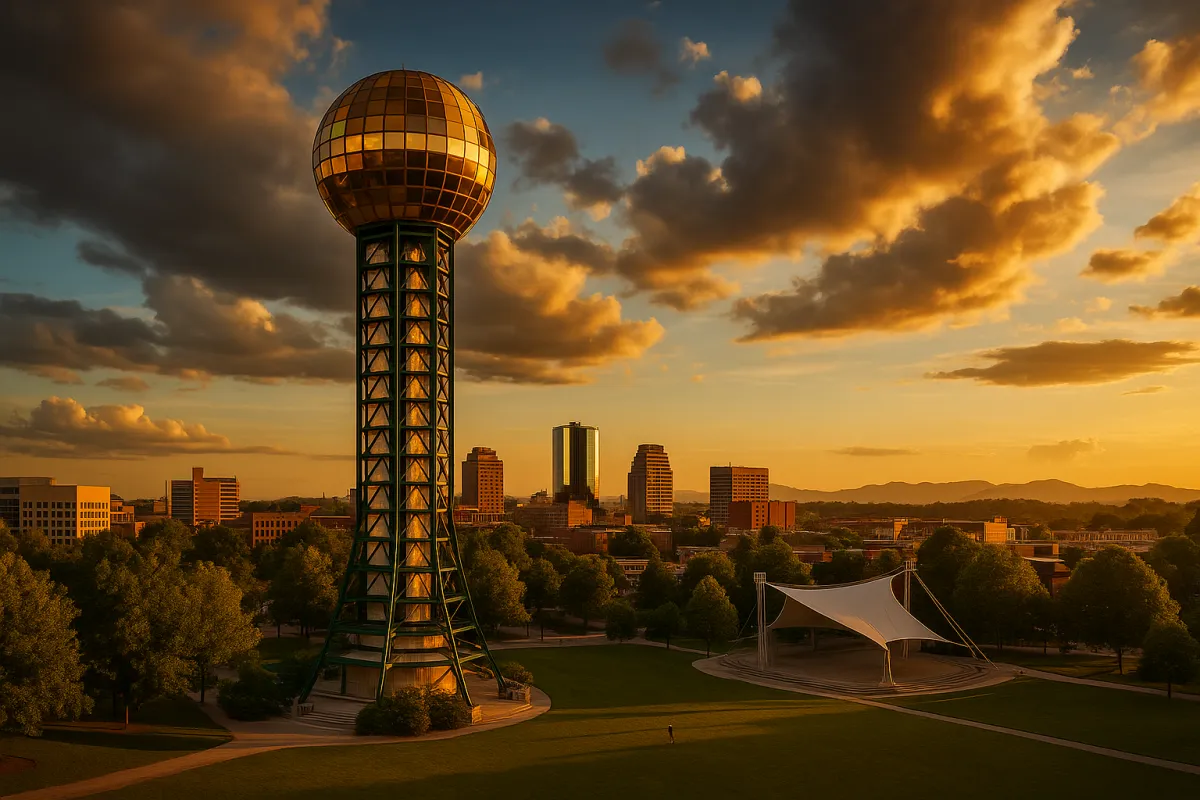 The iconic Sunsphere tower at World's Fair Park in Knoxville Tennessee at golden hour -- the 266-foot steel tower topped with a gold geodesic globe catching brilliant afternoon sunlight