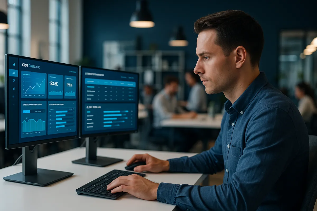 Bestes CRM für SEO Agenturen 2026 – SEO-Agentur-Team am modernen CRM-Dashboard in Navy und Sky Blue