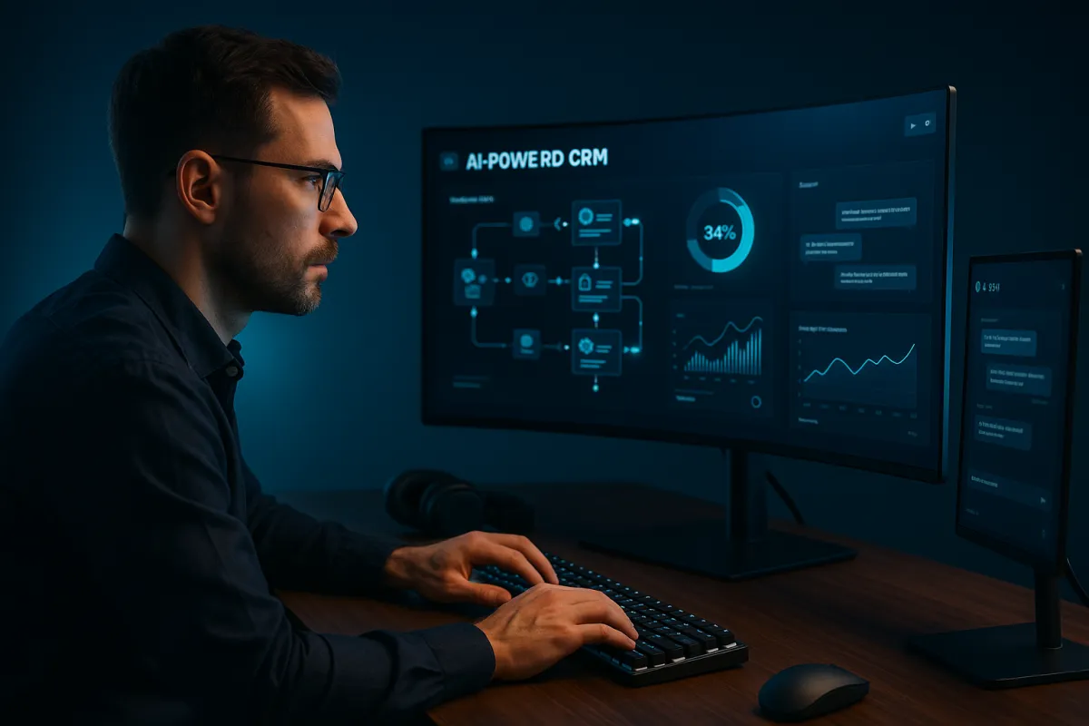 Bestes KI-Tool für Freelancer 2026 – Freelancer am modernen KI-CRM-Dashboard in Navy und Sky Blue