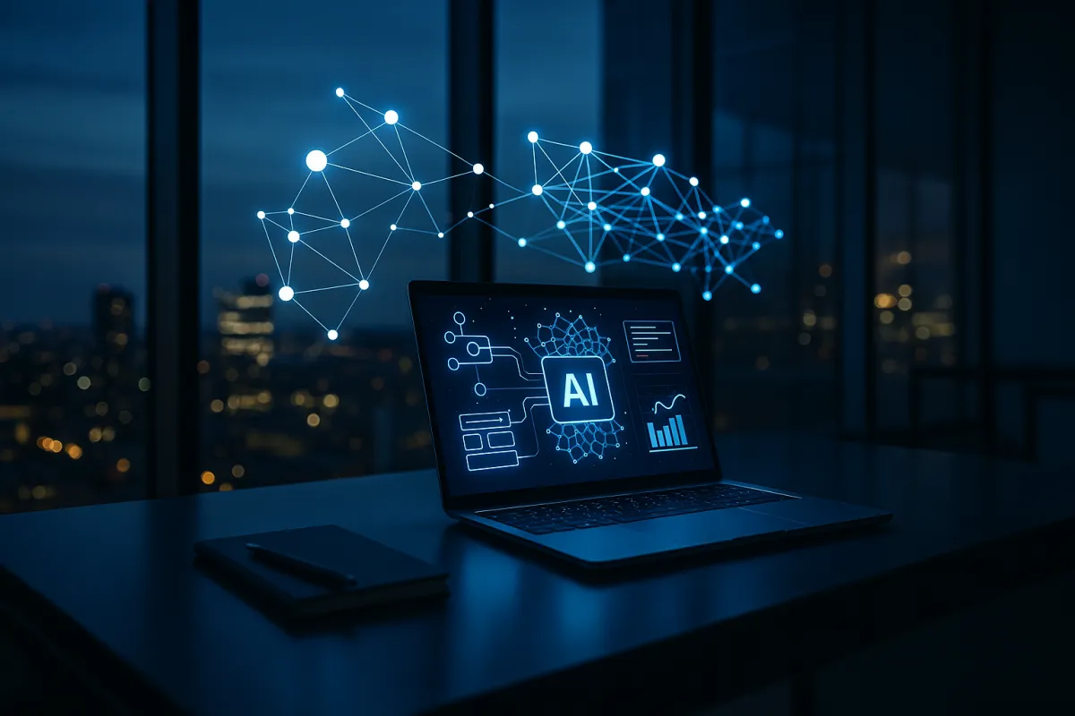 Bestes KI-Tool für Startups 2026 – KI-Dashboard und Automatisierung auf modernem Startup-Schreibtisch in Navy und Sky Blue