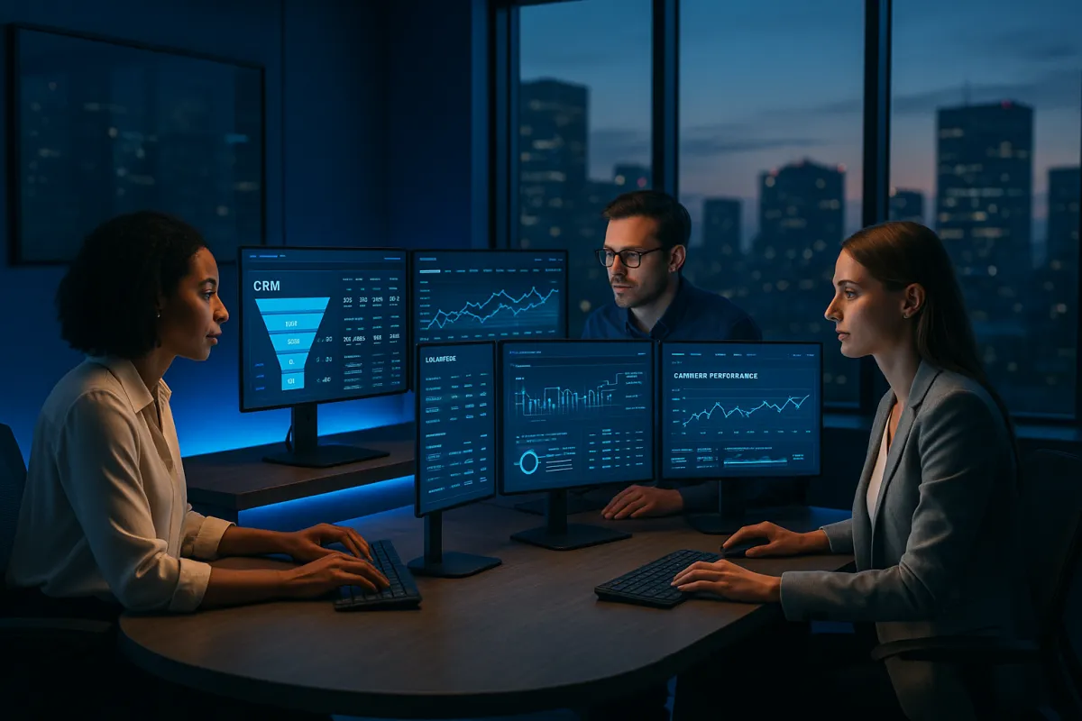 Bestes CRM für Performance Marketing Agenturen 2026 – Agentur-Team am modernen CRM-Dashboard in Navy und Sky Blue