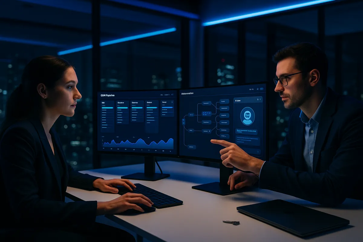 Bestes KI-Tool für Agenturen 2026 – Modernes Agentur-Team am KI-Dashboard in Navy und Sky Blue