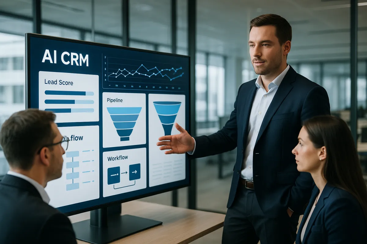 Bestes KI-Tool für Vertriebsunternehmen 2026 – Vertriebsteam am modernen KI-Dashboard in Navy und Sky Blue