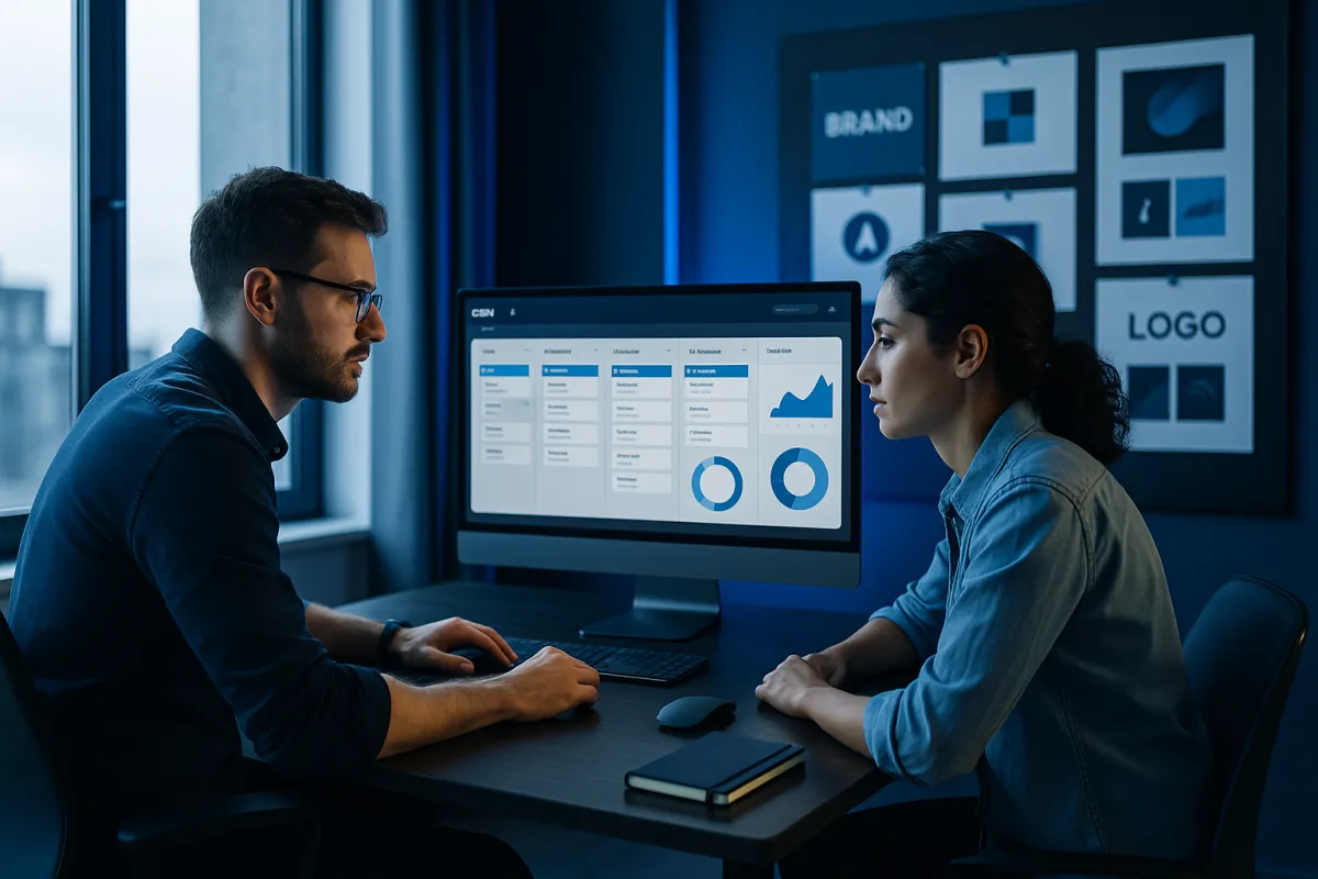 Bestes CRM für Branding Agenturen 2026 – Modernes Agentur-Team am CRM-Dashboard in Navy und Sky Blue