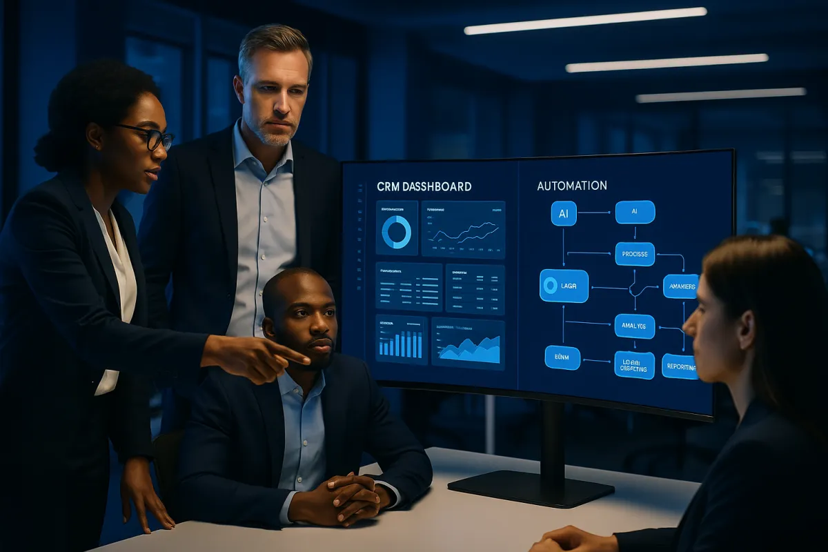 Bestes KI-Tool für B2B Unternehmen 2026 – Professionelles Team am KI-Dashboard in Navy und Sky Blue