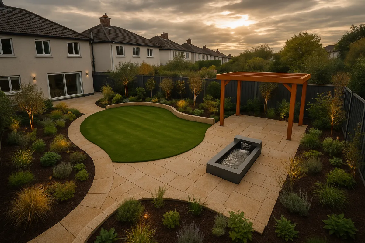 Beautifully redesigned North Dublin residential garden with natural stone paving, pergola, and lush planting by Peninsula Stone Landscapes