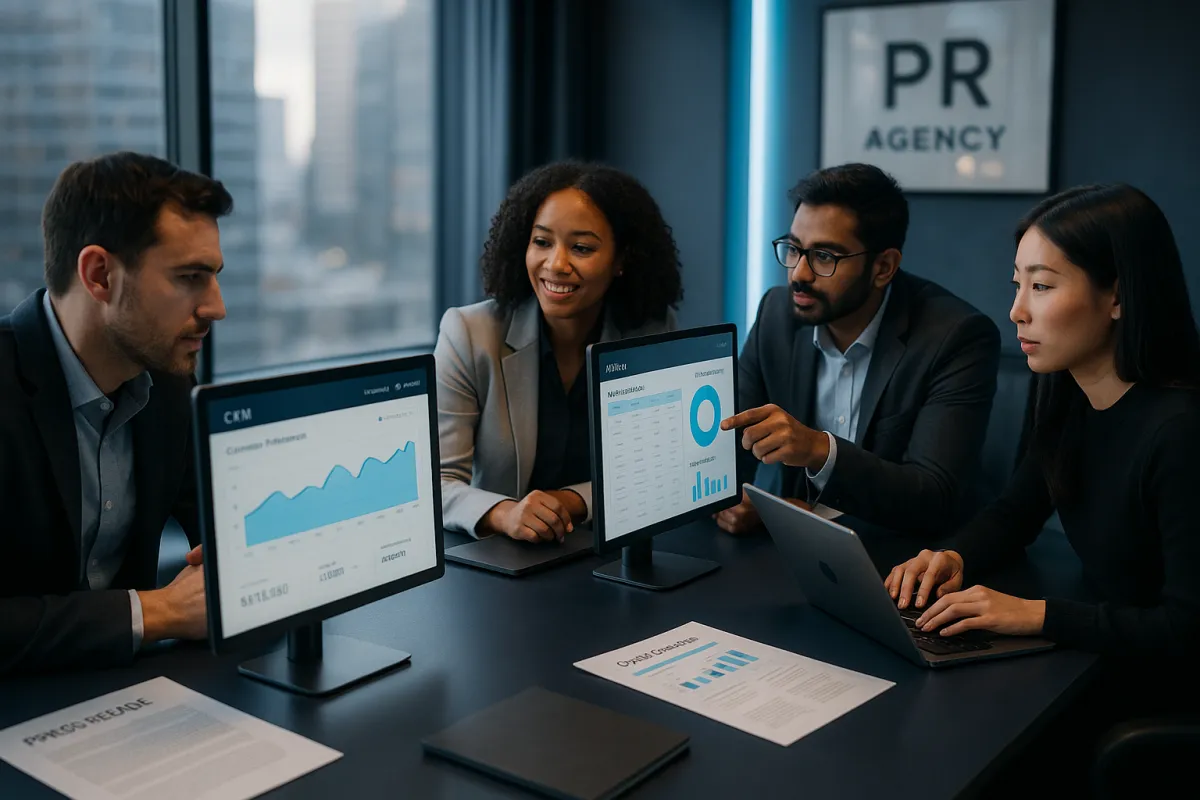 Bestes CRM für PR Agenturen 2026 – PR-Team am modernen CRM-Dashboard in Navy und Sky Blue