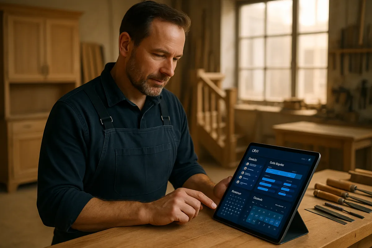 Tischlermeister mit CRM-Dashboard auf Tablet im modernen Holzwerkstatt – GoHighLevel für Tischler 2026