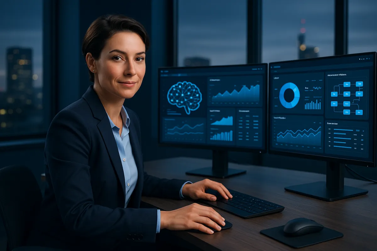 Bestes KI-Tool für Dienstleister 2026 – Moderner Arbeitsplatz mit KI-Dashboard in Navy und Sky Blue