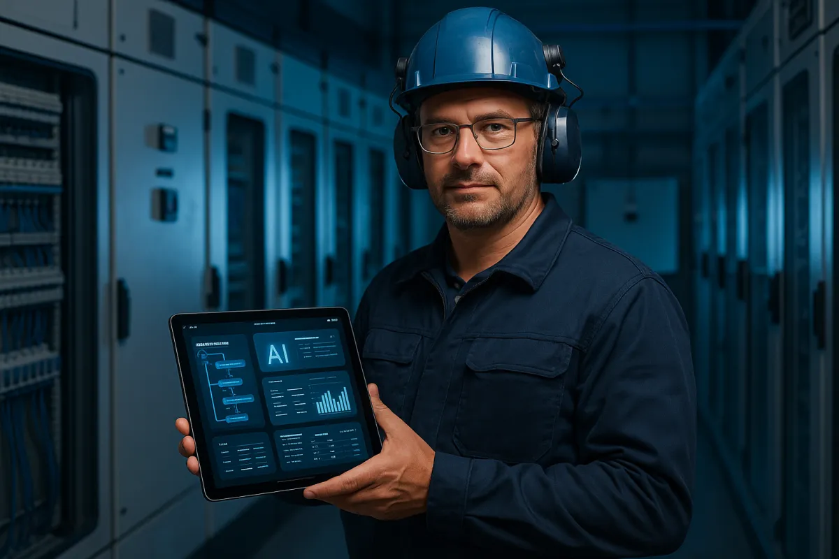 Elektriker mit Tablet und KI-Dashboard – Bestes KI-Tool für Elektriker 2026 – GoHighLevel