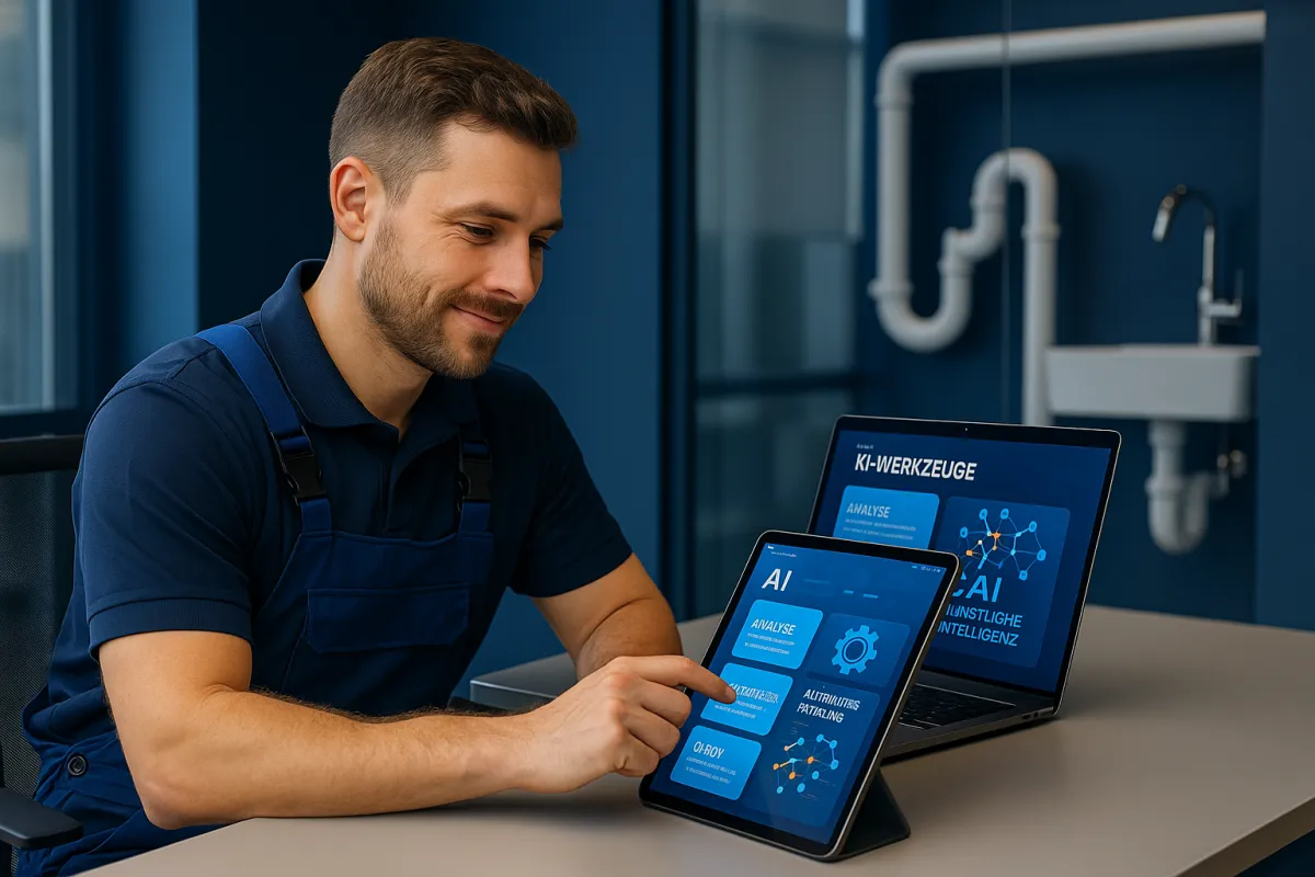 Sanitärtechniker mit KI-Dashboard und Tablet – Bestes KI-Tool für Sanitärbetriebe 2026 – GoHighLevel