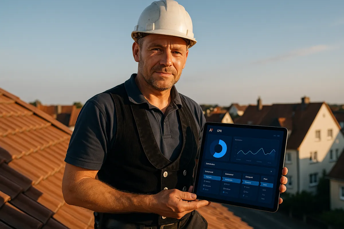 Dachdecker mit KI-Dashboard und Tablet – Bestes KI-Tool für Dachdecker 2026 – GoHighLevel