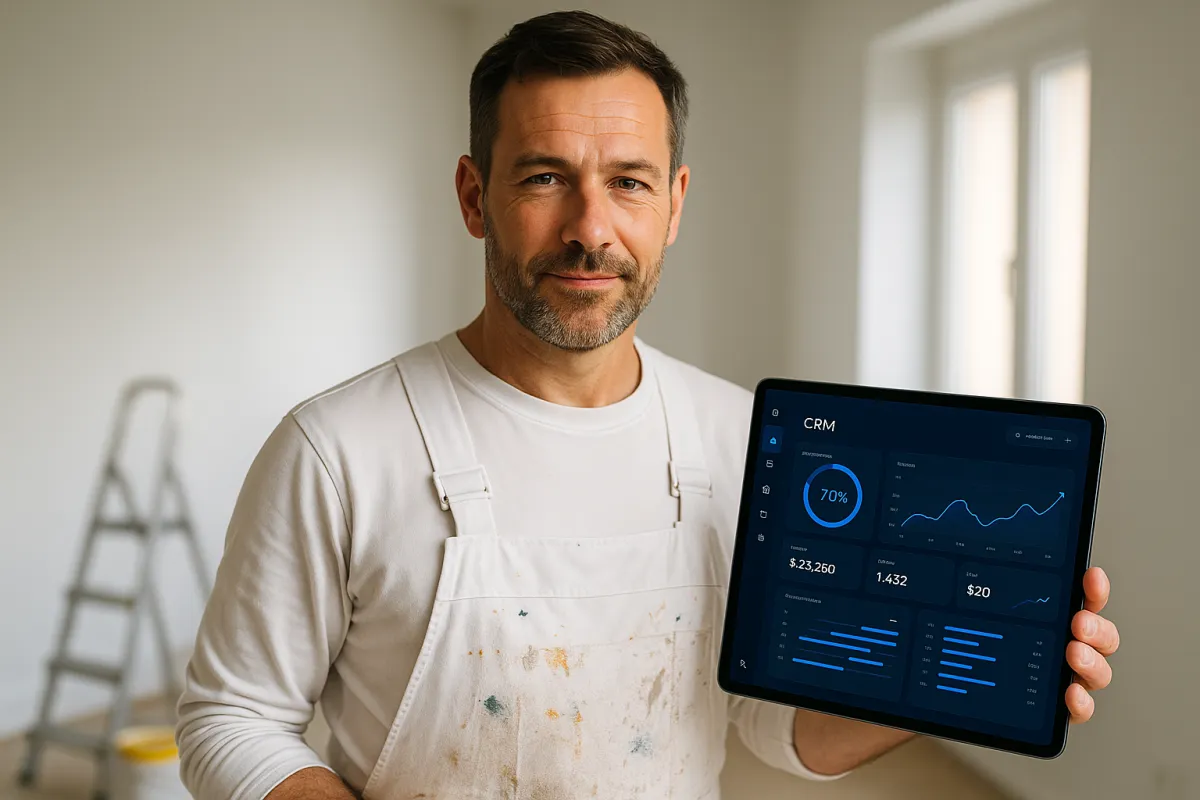 Malermeister mit KI-Dashboard auf Tablet – Bestes KI-Tool für Malerbetriebe 2026 – GoHighLevel