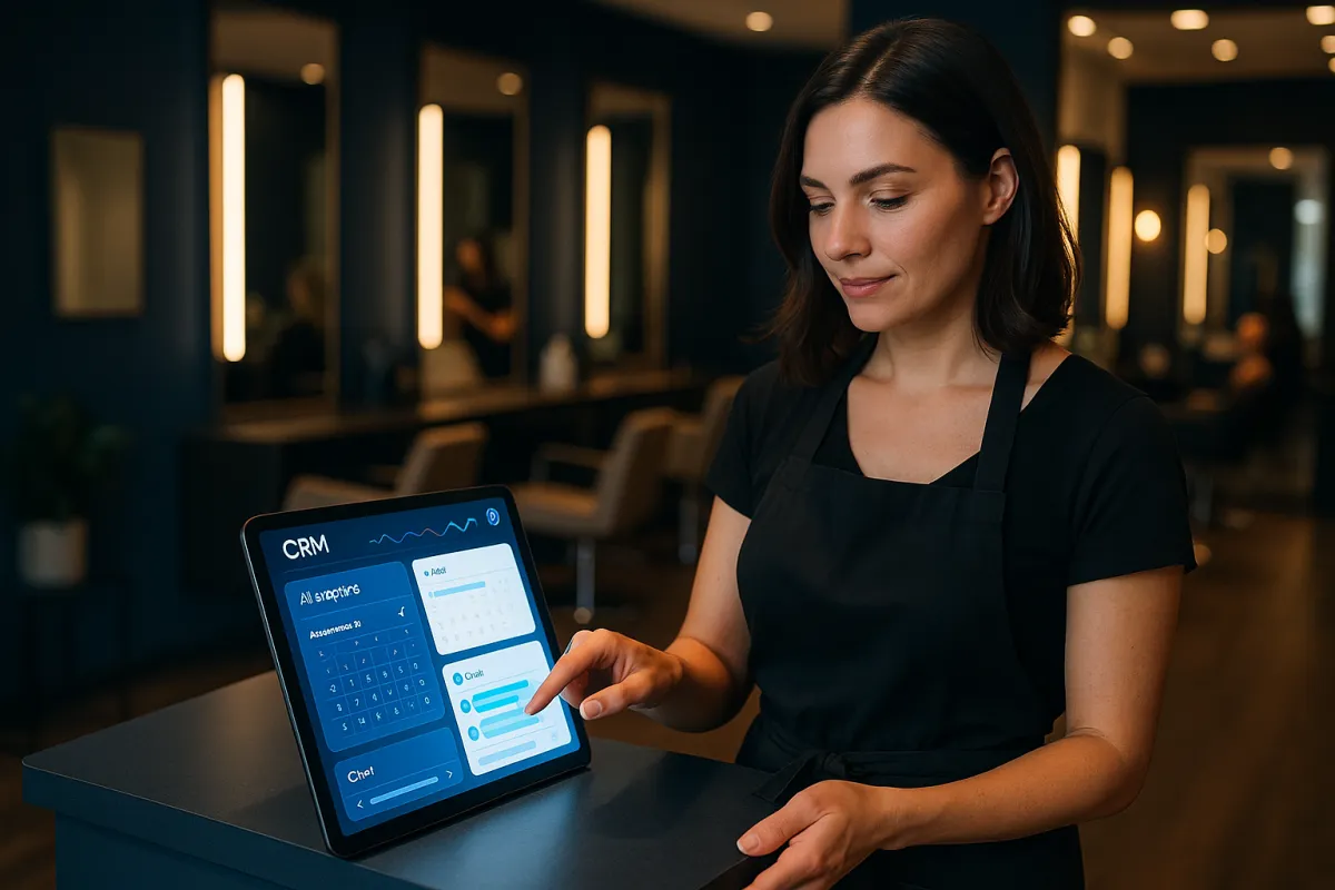 Friseurin mit KI-Dashboard im modernen Salon – Bestes KI-Tool für Friseure 2026 – GoHighLevel