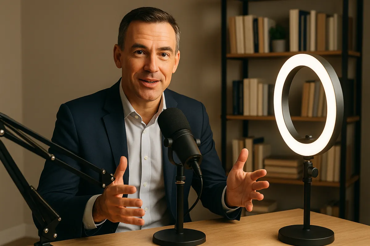 Business consultant recording a podcast or video in a professional home studio, conveying thought leadership and content expertise