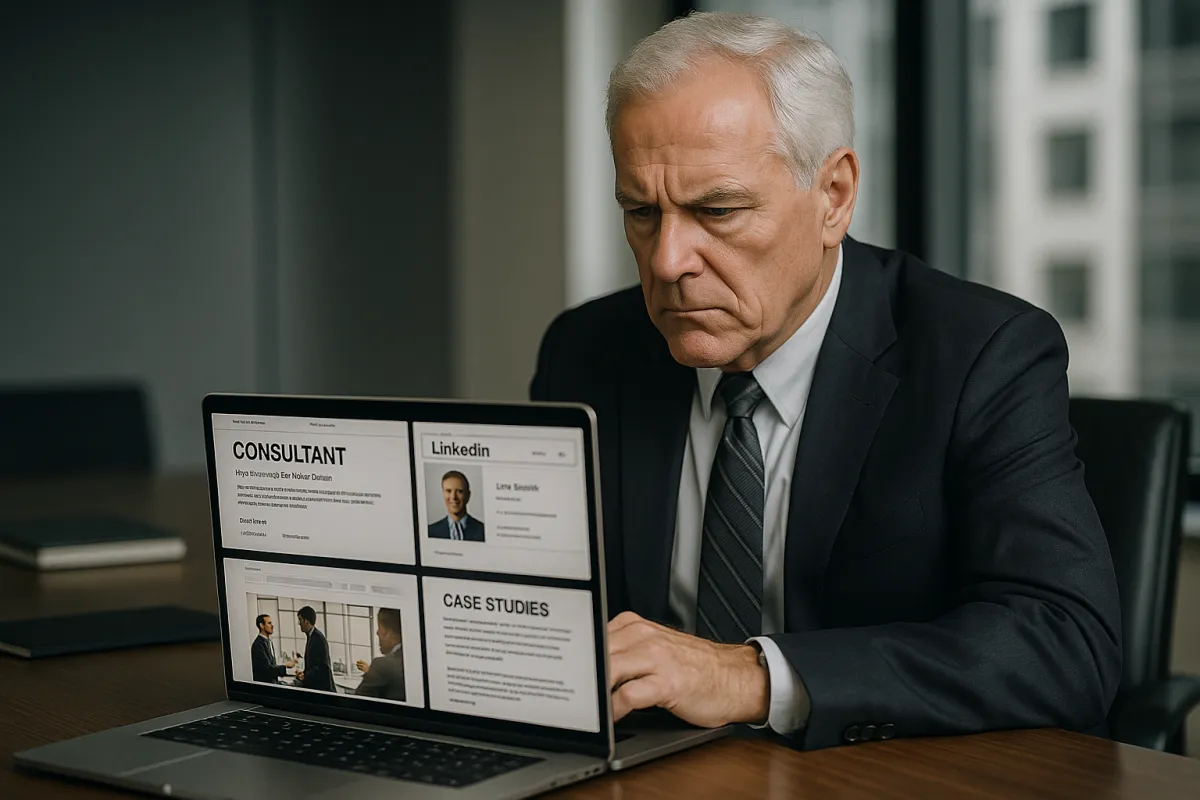 Senior business executive carefully reviewing a consultant's professional website and case studies on a laptop