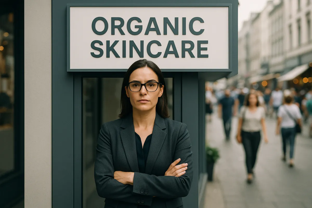 Focused small business professional standing confidently in front of clear niche-specific branding, contrasted with a blurred crowded marketplace in the background