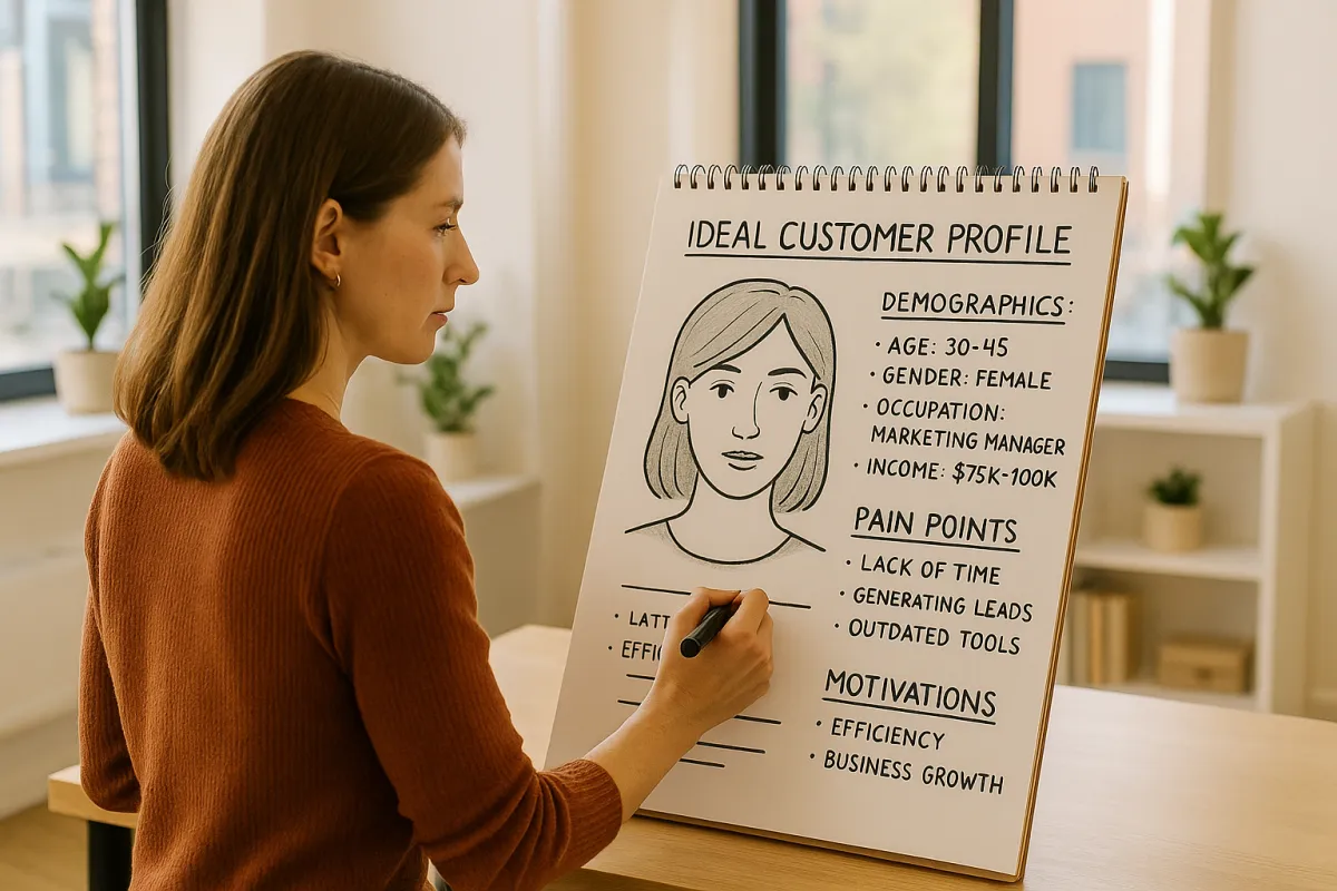 Small business owner sketching a detailed ideal customer profile on a whiteboard with demographic details, pain points, and motivations mapped out