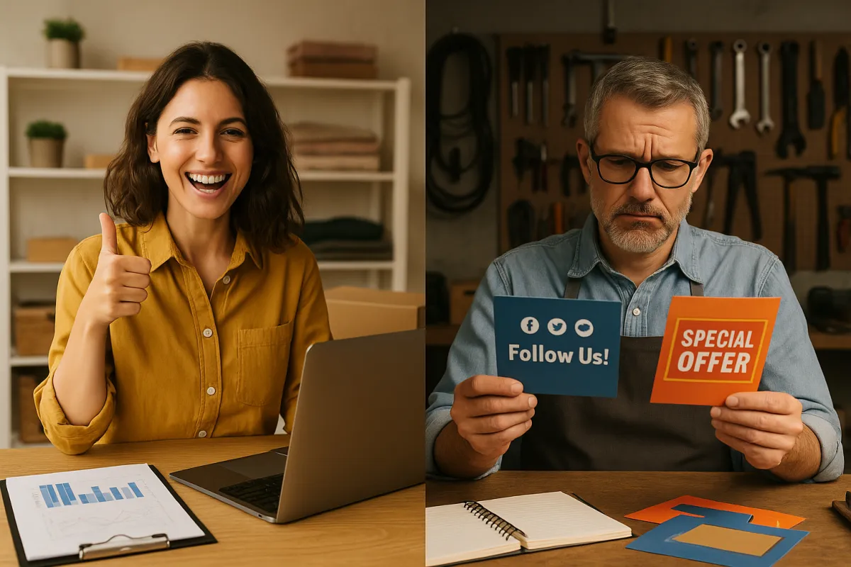 Two contrasting small business owners in different industries, one thriving with an effective online presence and one puzzled by ineffective borrowed marketing tactics