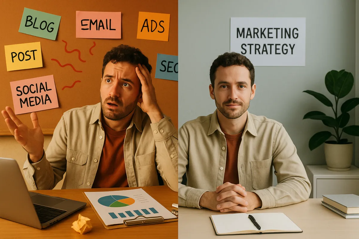 Split image showing chaotic unfocused marketing on the left and the same business owner with a clear organized strategy on the right