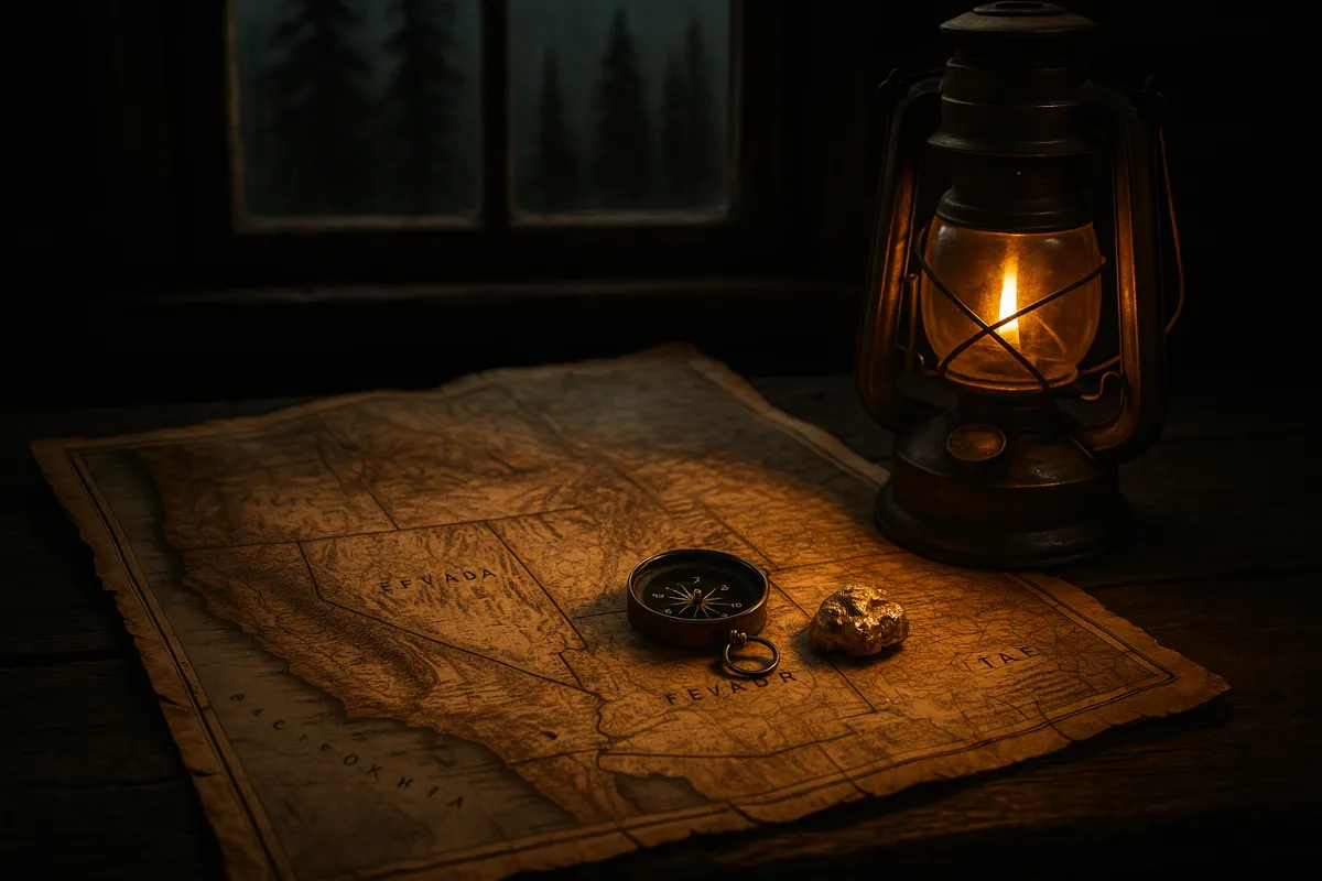 Map and compass alongside prospecting regulations documents for public land gold mining