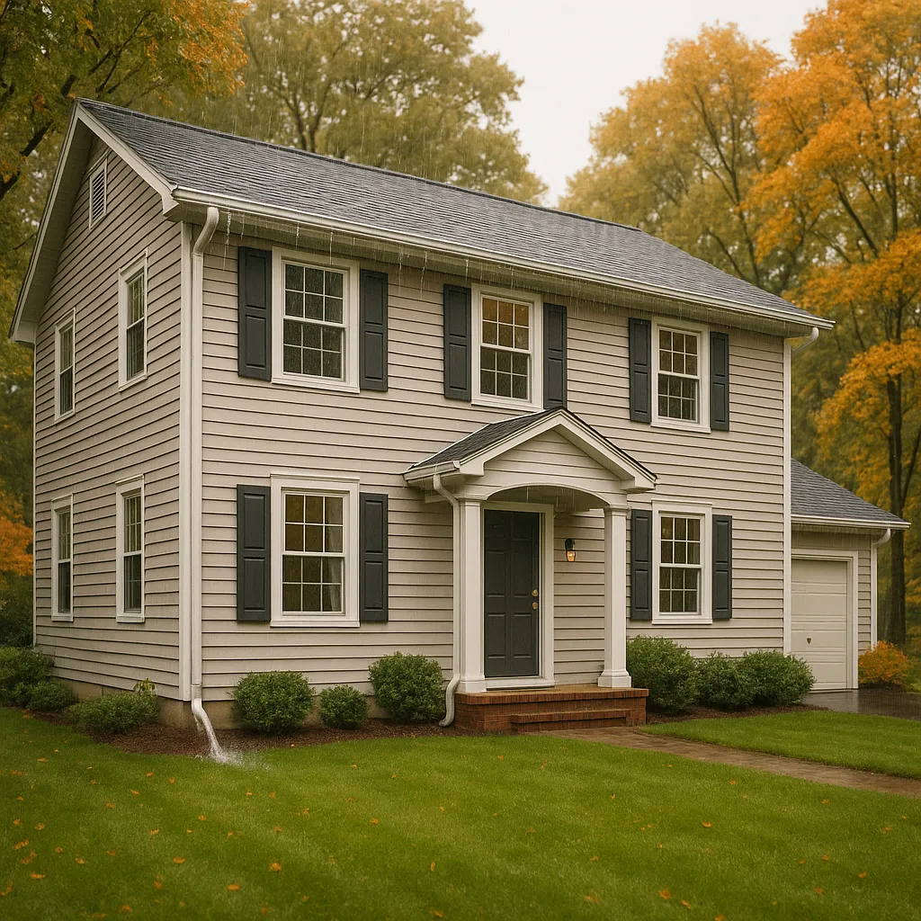 A beautiful Minnesota two-story colonial home in autumn with clean aluminum gutters directing rainwater away from the foundation — representing essential home maintenance for Minnesota homeowners.