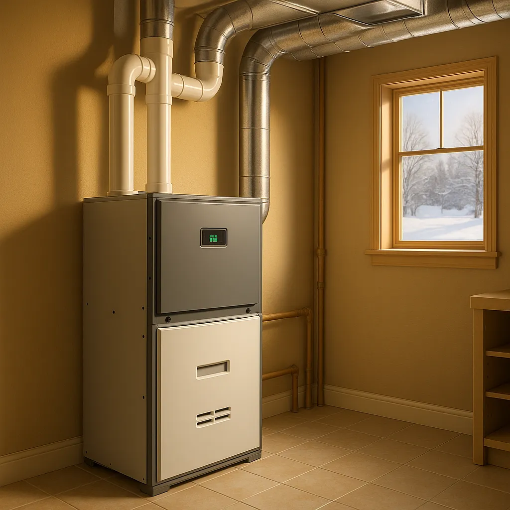 A modern high-efficiency gas furnace inside a clean Minnesota home utility room with visible ductwork and a snow-covered landscape through the window — representing reliable home heating for Minnesota homeowners.