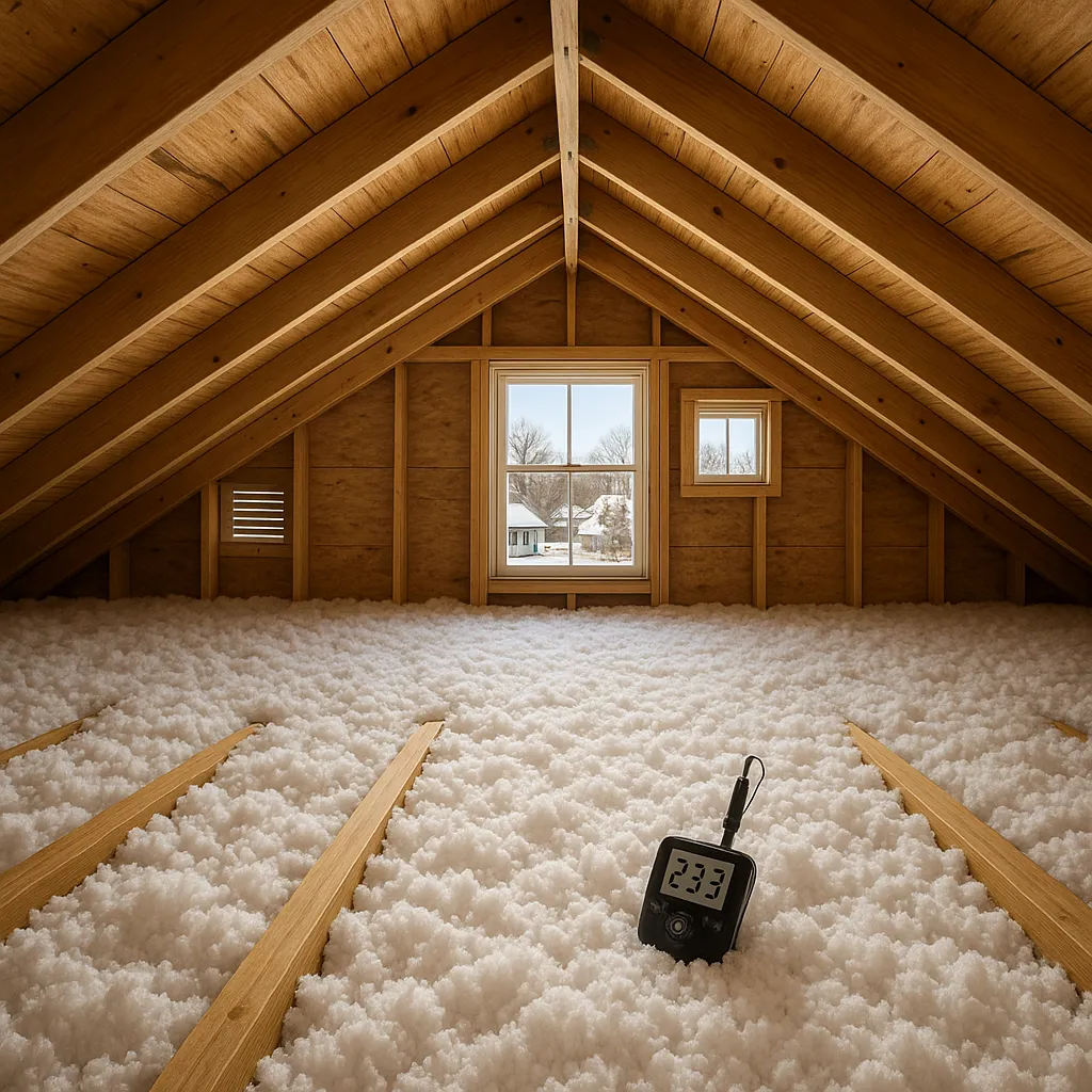 A well-insulated Minnesota home attic with thick blown-in insulation between wooden joists, visible roof rafters, and proper soffit ventilation — representing smart attic insulation for Minnesota homeowners.