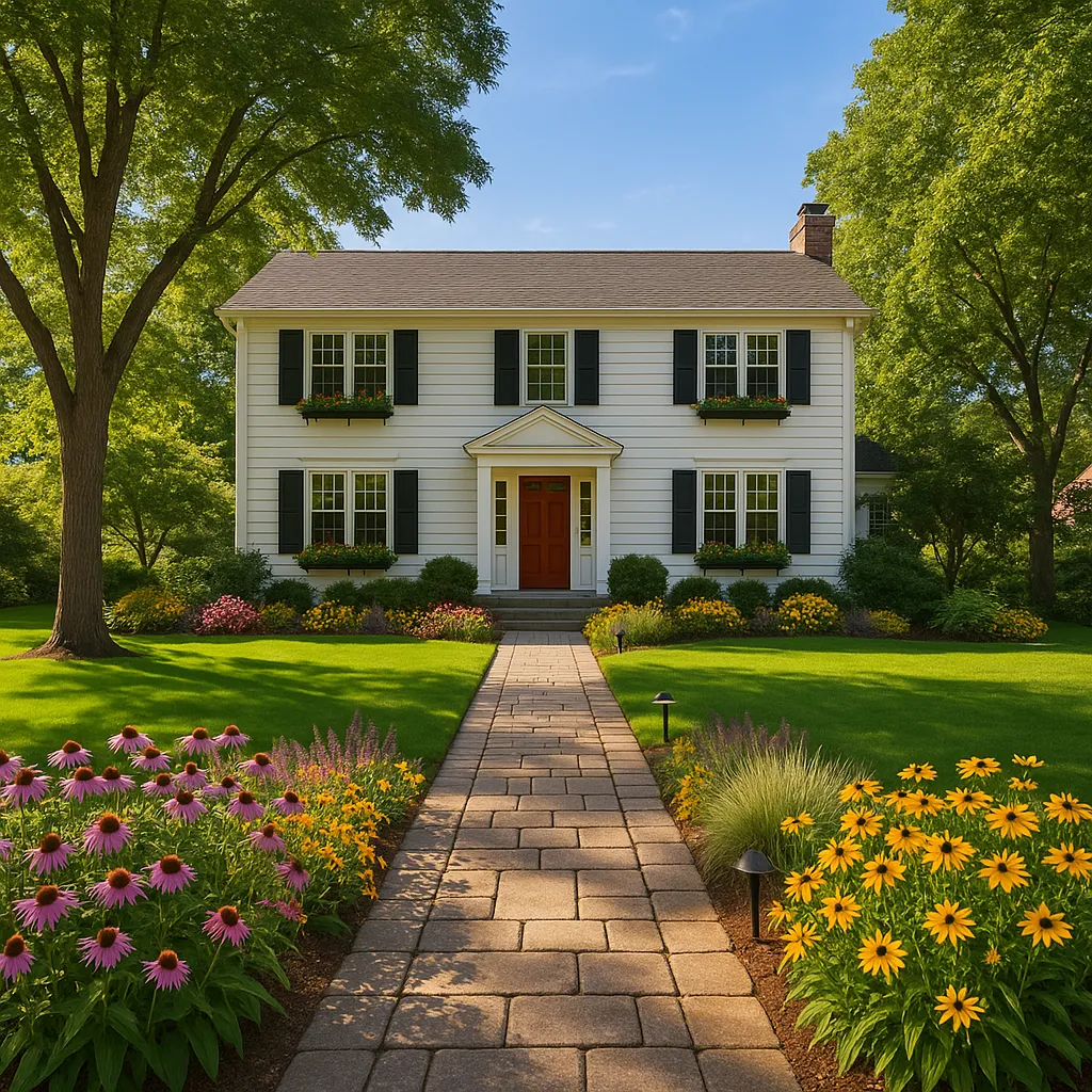 A stunning Minnesota home with professional landscaping featuring a manicured lawn, colorful perennial flower beds, mature shade trees, a stone walkway, and landscape lighting — representing curb appeal and home value in Minnesota.