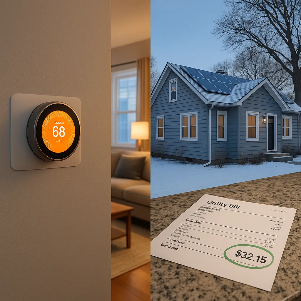 A Minnesota home interior featuring a smart thermostat set to an energy-saving temperature with warm LED lighting and a utility bill showing reduced costs — representing proven energy efficiency strategies for Minnesota homeowners.