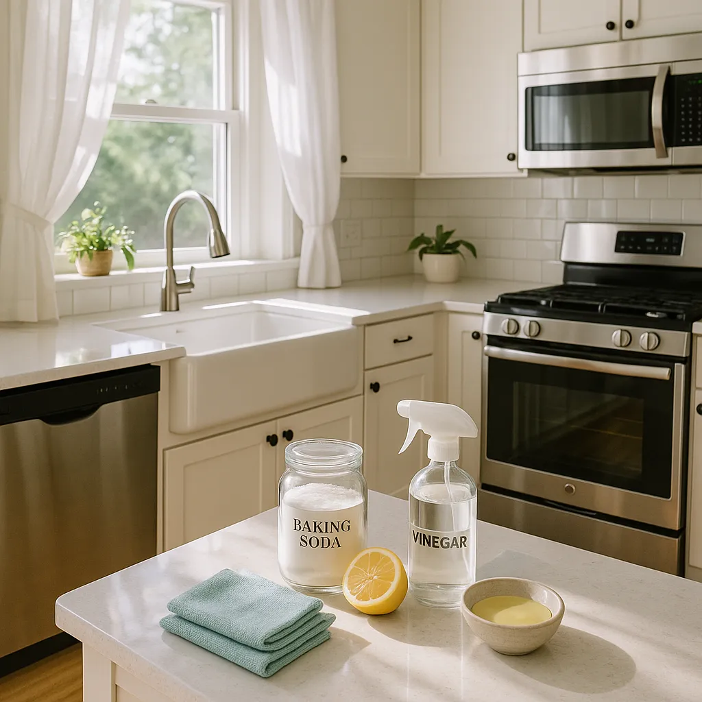 A sparkling clean Minnesota home kitchen with natural budget-friendly cleaning supplies — baking soda, white vinegar, lemon, and microfiber cloths — arranged on a gleaming countertop near a sunny window, representing how to deep clean your home without spending a fortune.
