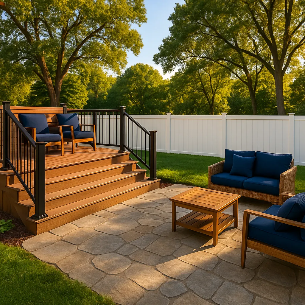 Minnesota backyard with composite deck, stone paver patio, and vinyl privacy fence surrounded by mature trees in summer