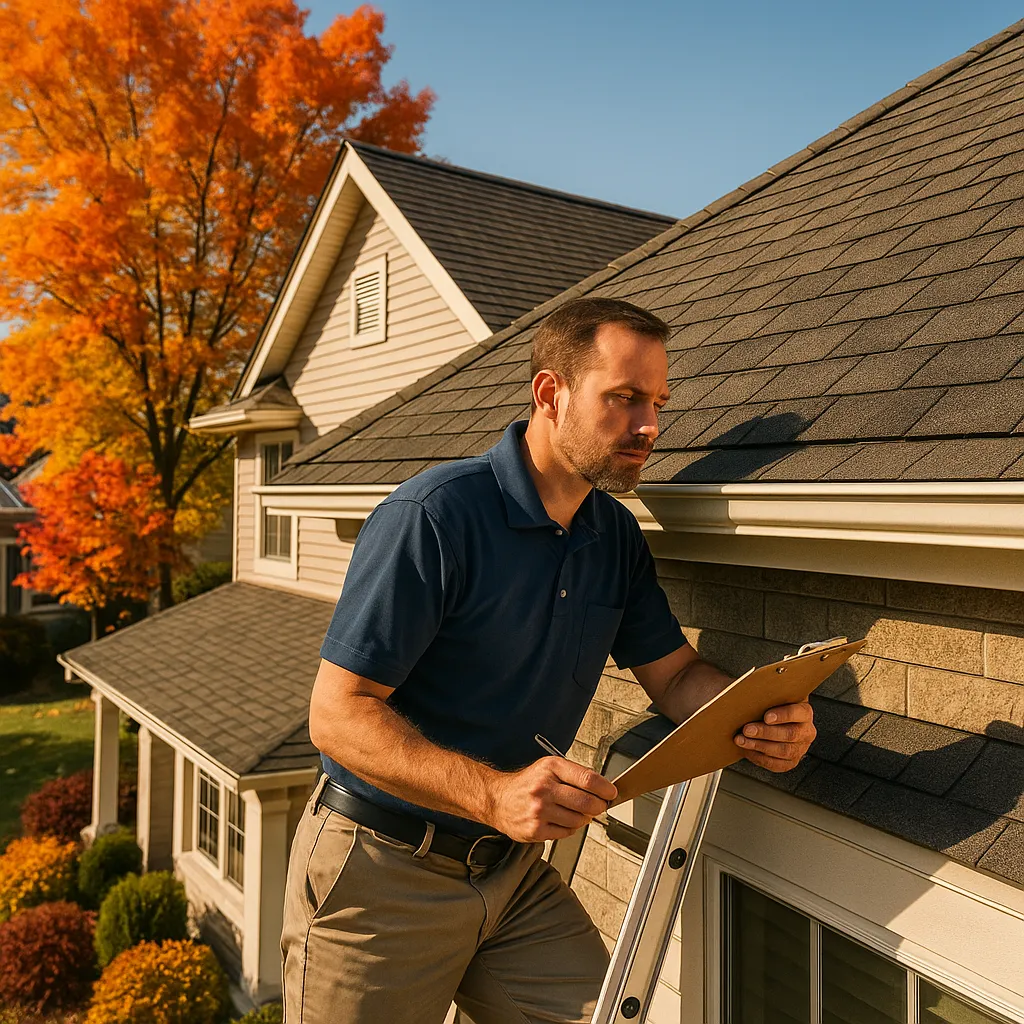 Professional home inspector examining the roof of a Minnesota home in autumn