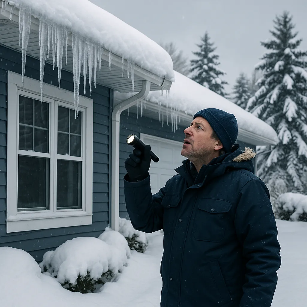 Minnesota homeowner inspecting their snow-covered home exterior after a major winter storm