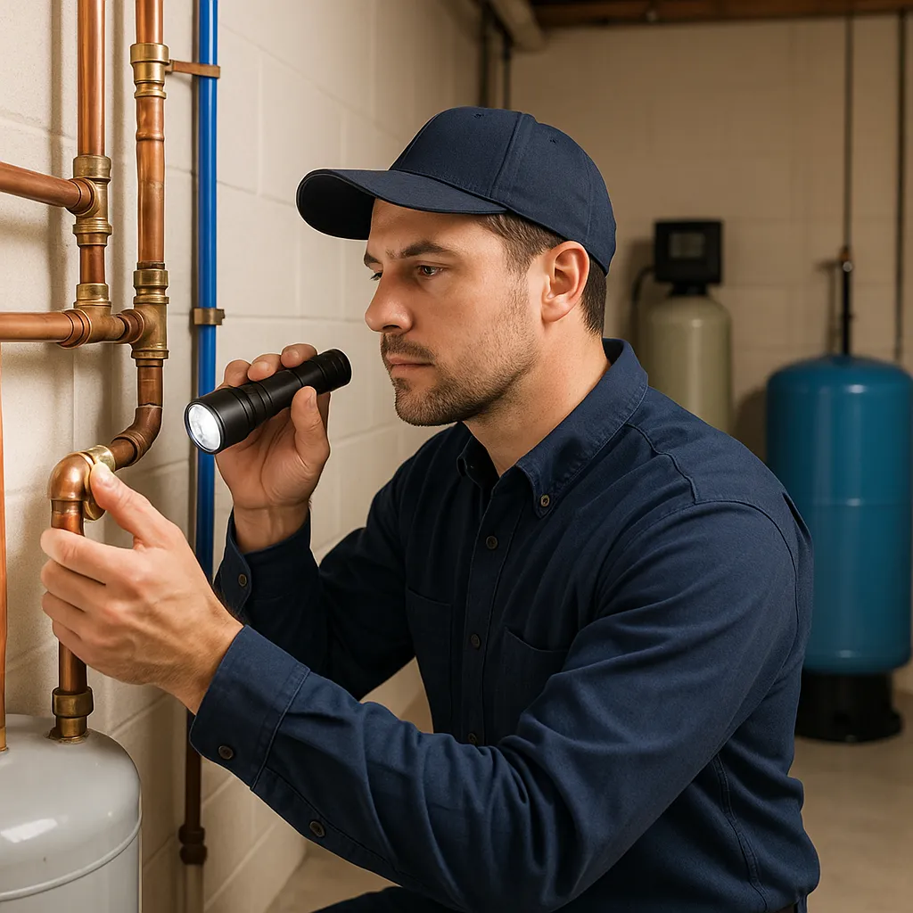 Professional plumber inspecting pipes and water heater in a Minnesota home utility room