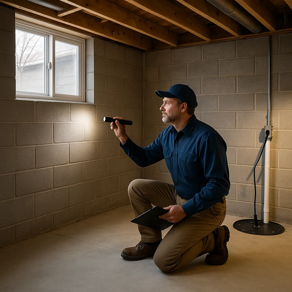 Professional home inspector examining a Minnesota basement foundation wall with sump pump and egress window