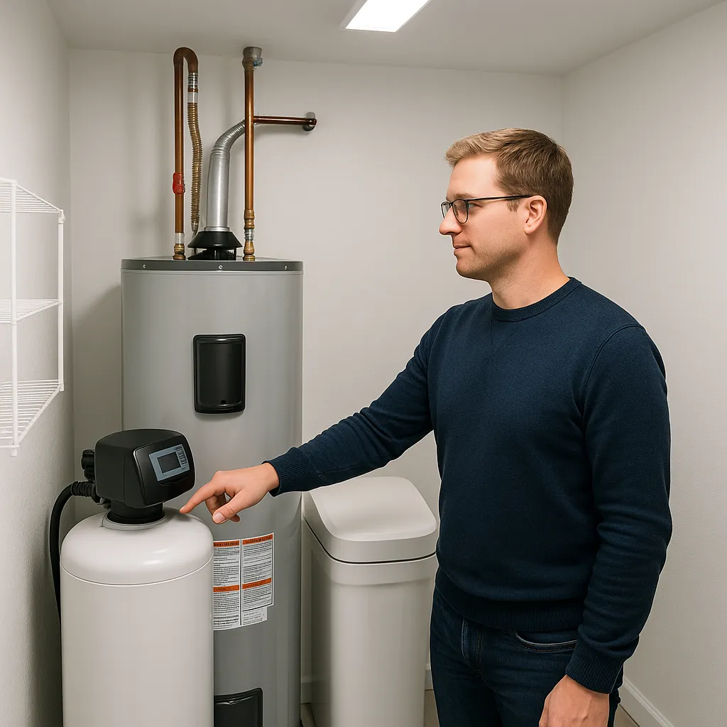 Modern Minnesota home utility room with tank water heater and water softener system