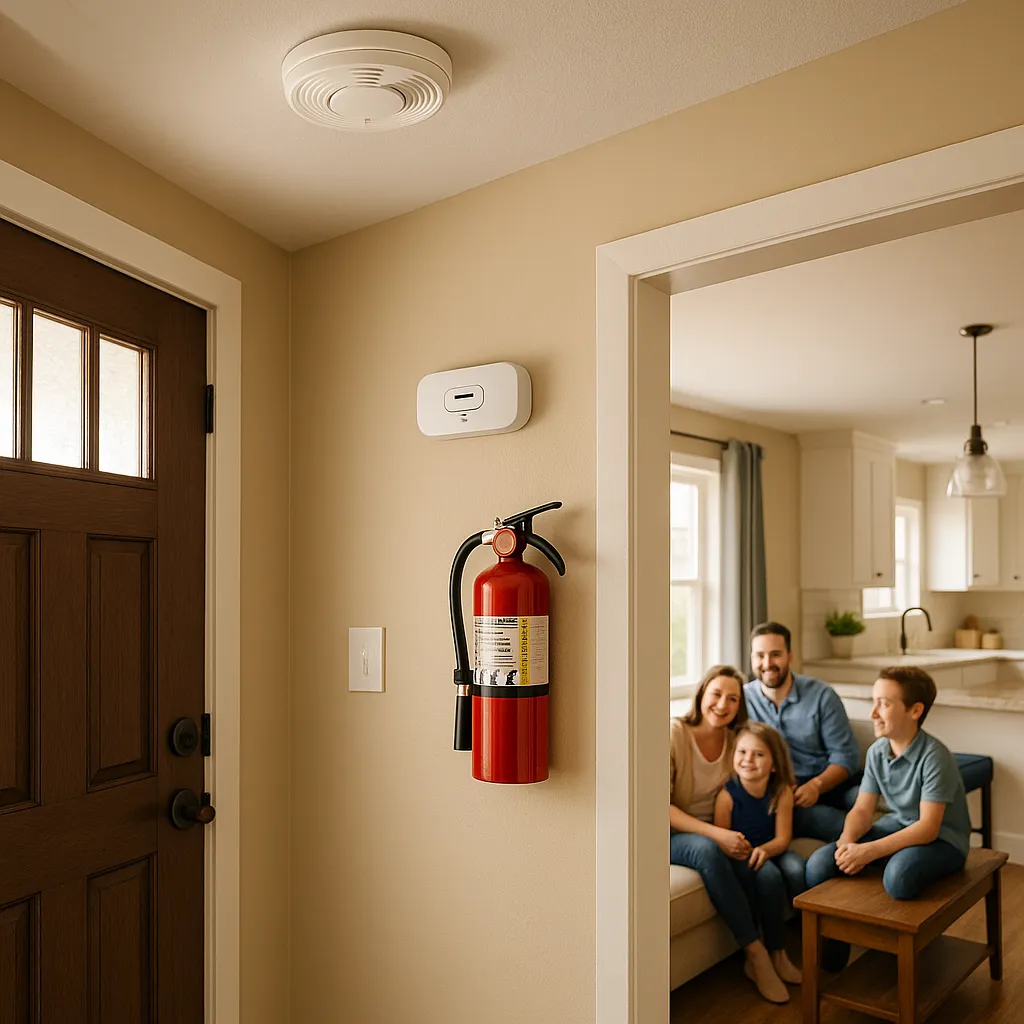 Safe Minnesota home interior showing smoke detector, carbon monoxide detector, fire extinguisher, and deadbolt lock
