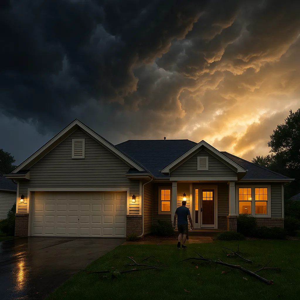 Minnesota suburban home after a summer storm with clearing skies and homeowner assessing property damage