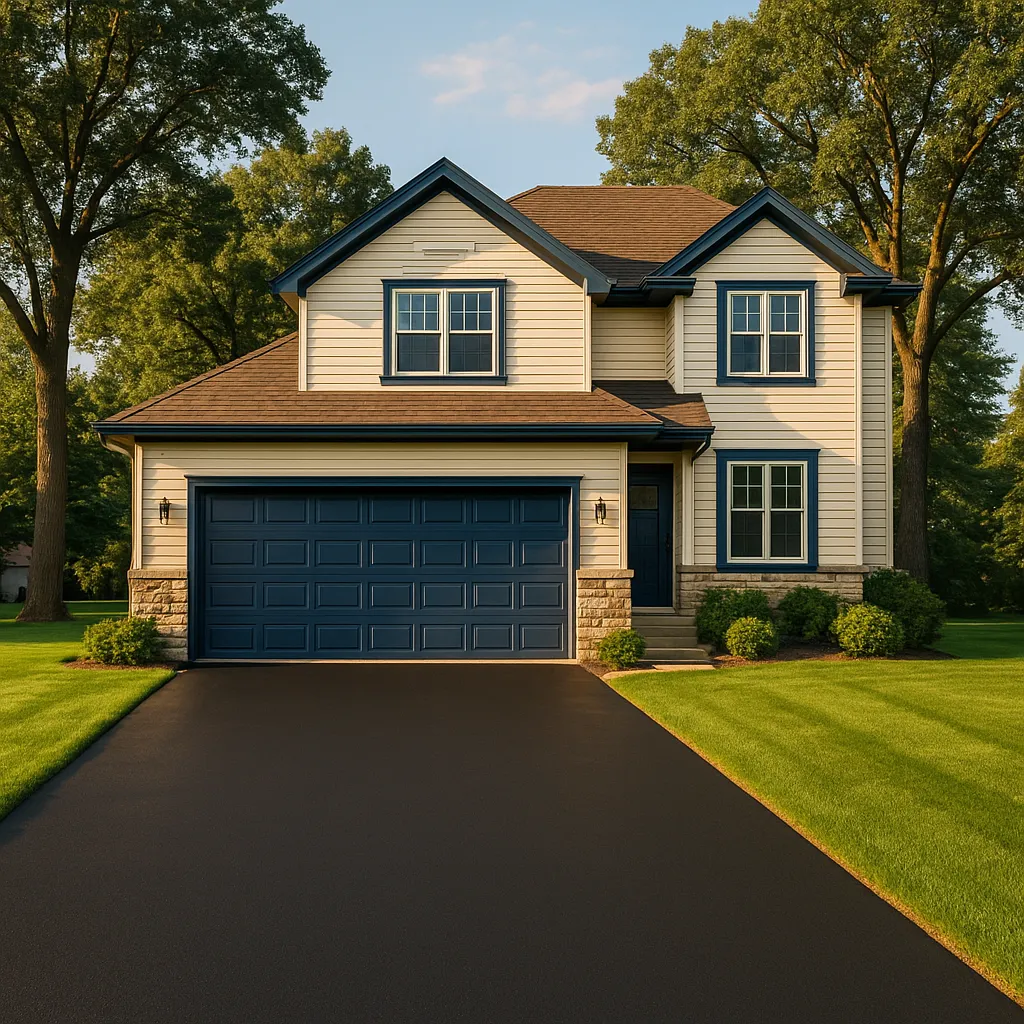 Well-maintained asphalt driveway leading to a two-car garage on a Minnesota suburban home with lush landscaping